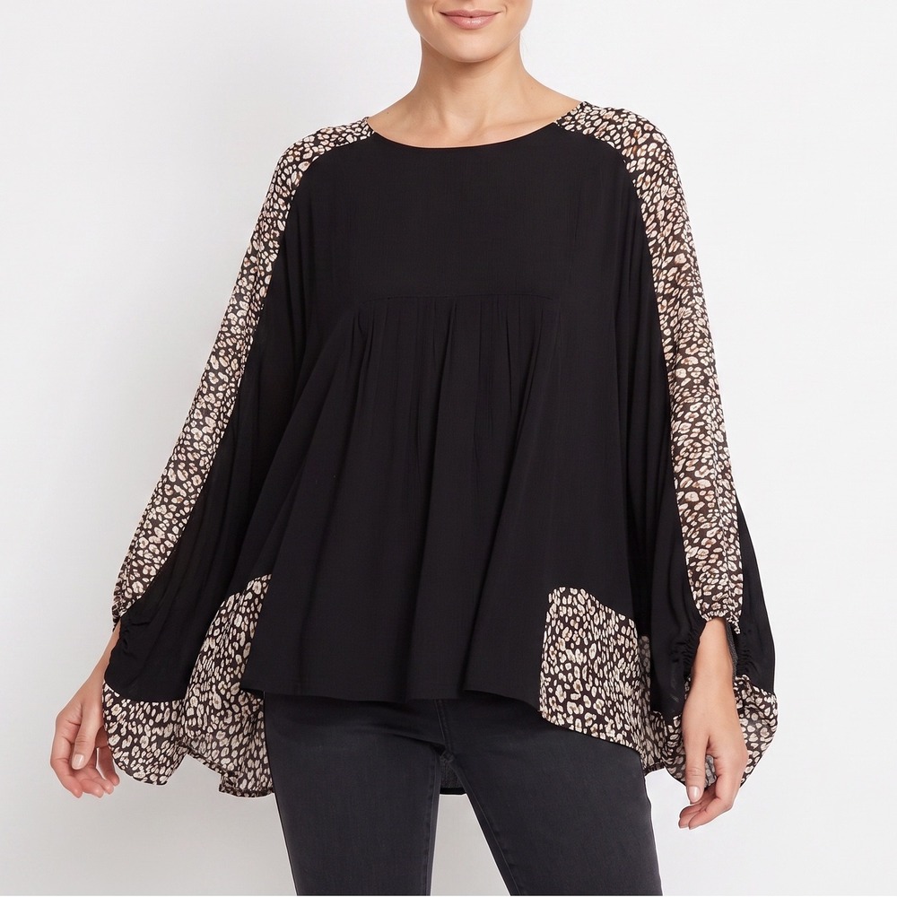 Gigio Blouse Womens Medium Boho Leopard Print Raglan Sleeve Black Excellent